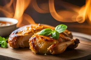 grilled chicken on a wooden board with sauce. AI-Generated photo