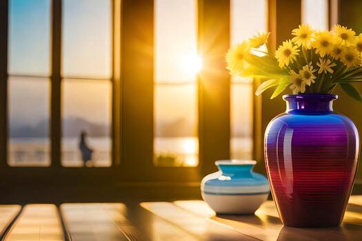 a vase with flowers on a table in front of a window. AI-Generated photo