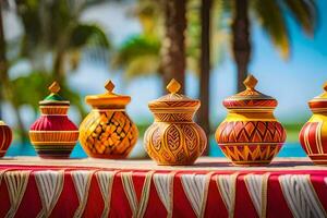 a table with colorful vases on it. AI-Generated photo