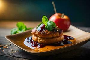 a plate with a pastry and sauce on it. AI-Generated photo