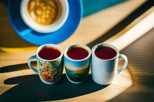 three cups of coffee and a cup of tea. AI-Generated photo
