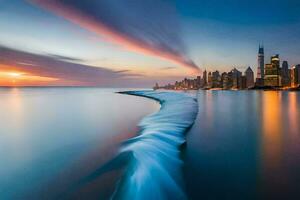 el chicago horizonte es visto en el distancia a puesta de sol. generado por ai foto