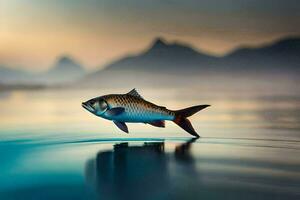 un pescado es saltando fuera de el agua en frente de montañas. generado por ai foto