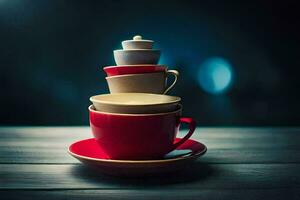 a stack of cups and saucers on a wooden table. AI-Generated photo