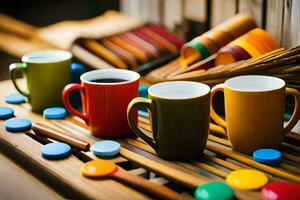 colorful coffee cups and spoons on a wooden table. AI-Generated photo