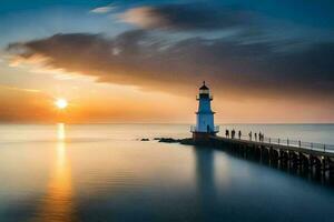 a lighthouse is seen in the distance at sunset. AI-Generated photo