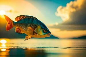 un pescado es saltando fuera de el agua a puesta de sol. generado por ai foto