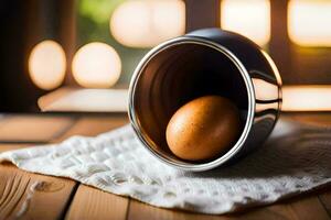 an egg in a metal bowl on a table. AI-Generated photo