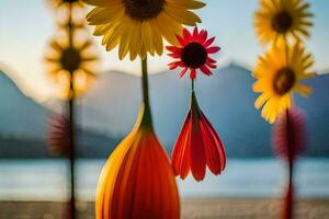 sunflowers in vases with mountains in the background. AI-Generated photo