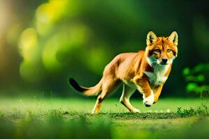 a red fox running through the grass. AI-Generated photo