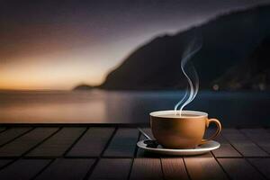 a cup of coffee on a wooden table with a view of the sea. AI-Generated photo