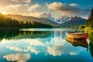 the dolomites, italy, lake, boat, mountains, reflection, sunset,. AI-Generated photo