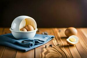 an egg in a bowl with a knife and a knife. AI-Generated photo