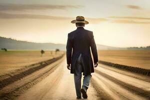 un hombre en un traje y sombrero caminando abajo un suciedad la carretera. generado por ai foto