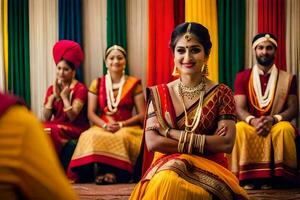 a woman in a colorful sari sits in front of a group of people. AI-Generated photo