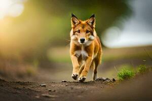 un rojo perro corriendo en un suciedad la carretera. generado por ai foto