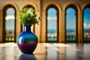 a vase with green leaves sitting on a floor. AI-Generated photo