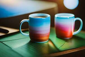 two colorful coffee mugs sit on a table. AI-Generated photo