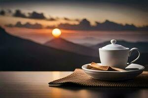 coffee cup and saucer on the table with mountains in the background. AI-Generated photo