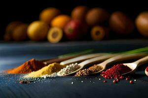 spoons with different spices and spices on a dark background. AI-Generated photo