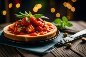 a slice of pizza with strawberries and mint on a wooden table. AI-Generated photo