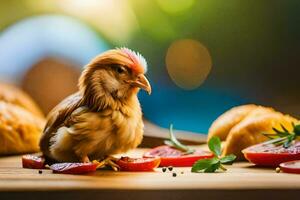 a chicken is sitting on a table with tomatoes. AI-Generated photo