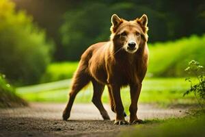 a brown dog is standing on a road in the middle of a field. AI-Generated photo