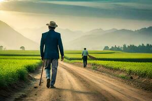 a man walking down a dirt road with a cane. AI-Generated photo