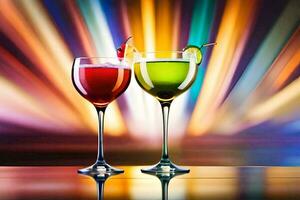 two glasses of colorful drinks with colorful lights. AI-Generated photo