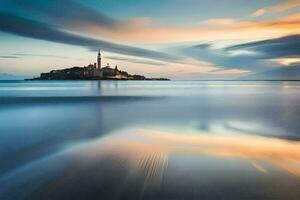 un faro en un isla en el medio de el océano. generado por ai foto