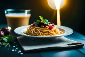 spaghetti with cherry tomatoes and basil on a plate. AI-Generated photo