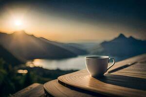 coffee cup on the table, mountain, lake, sunrise, the sun, the mountains,. AI-Generated photo