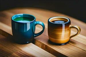 two coffee mugs on a wooden table. AI-Generated photo