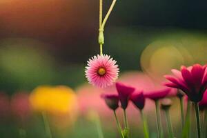 a pink flower hanging from a string in a field. AI-Generated photo