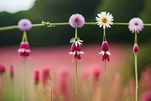 flowers hanging from a wire in a field. AI-Generated photo