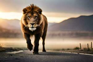 un león caminando a través de un la carretera a puesta de sol. generado por ai foto