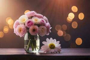 pink roses in a vase with a daisy on a table. AI-Generated photo