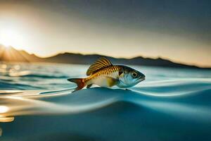 un pescado nadando en el Oceano a puesta de sol. generado por ai foto