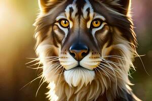 a digital painting of a lion with yellow eyes. AI-Generated photo