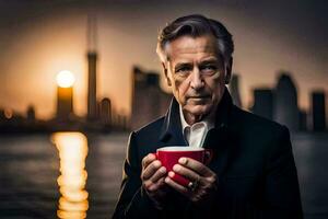 un hombre participación un café taza en frente de un ciudad horizonte. generado por ai foto