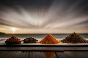 spices on a table with a sunset in the background. AI-Generated photo