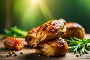 grilled chicken on a wooden table with herbs. AI-Generated photo