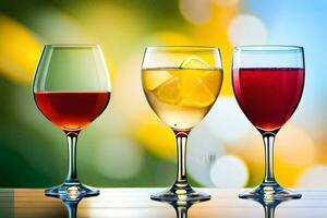 Tres lentes de vino con diferente colores. generado por ai foto