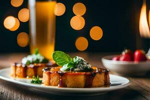 un plato con dos pequeño pasteles y un vaso de cerveza. generado por ai foto