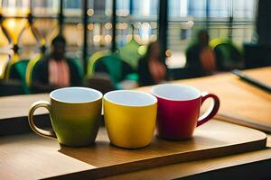 three colorful coffee cups on a wooden tray. AI-Generated photo