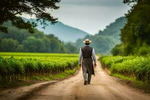 a man in a hat walks down a dirt road. AI-Generated photo