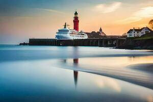 a cruise ship docked at a lighthouse at sunset. AI-Generated photo