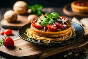 a plate with spaghetti and tomatoes on it. AI-Generated photo