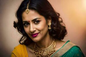 an indian woman in a sari and gold jewelry. AI-Generated photo