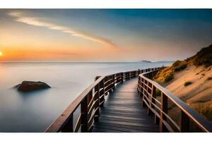 a wooden walkway leads to the ocean at sunset. AI-Generated photo